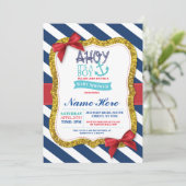 Boy Baby Shower Blue Red Ahoy Sailor Stripe Invite (Standing Front)