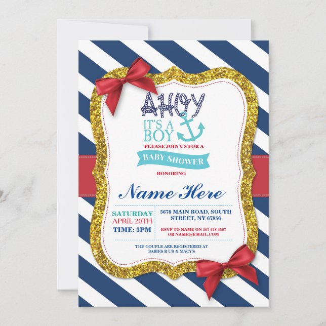 Boy Baby Shower Blue Red Ahoy Sailor Stripe Invite (Front)