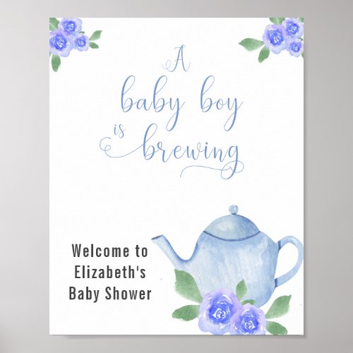 Boy Baby Shower Blue Teapot and Flowers Welcome Poster