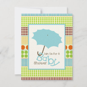Boy Baby Shower Blue Umbrella & Boho Dots Invitation