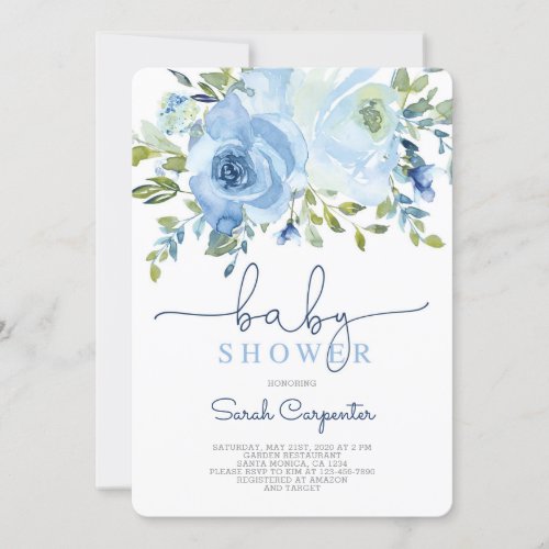 Boy baby shower blue watercolor floral boy invitation