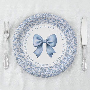 Boy Baby Shower Bow Blue and White Floral Pattern Paper Plates