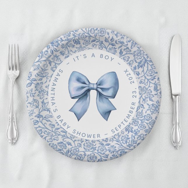 Boy Baby Shower Bow Blue and White Floral Pattern Paper Plates (Creator Uploaded)