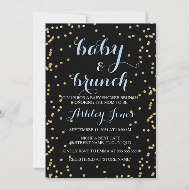 Boy Baby Shower & Brunch Gold Glitter Black card (Front)