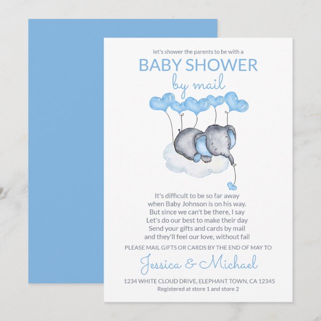 Boy Baby Shower by Mail Blue Elephant on Cloud Invitation (Front/Back)
