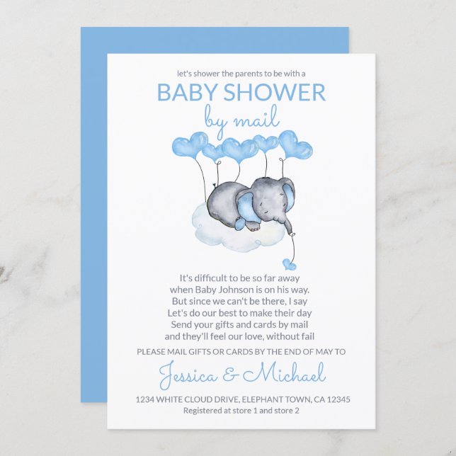 Boy Baby Shower by Mail Blue Elephant on Cloud Invitation (Front/Back)