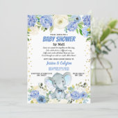 Boy baby shower by mail Blue elephant rose flower Invitation (Standing Front)