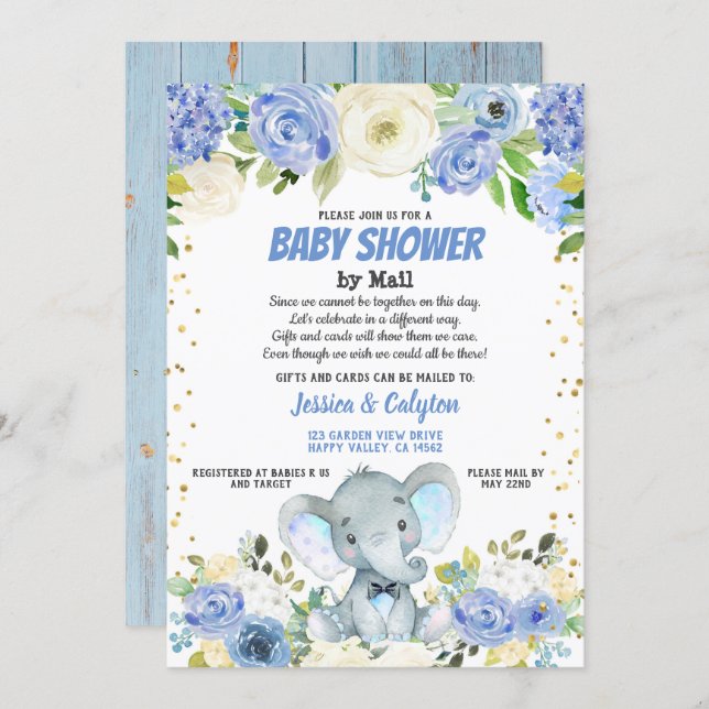 Boy baby shower by mail Blue elephant rose flower Invitation (Front/Back)