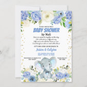Boy baby shower by mail Blue elephant rose flower Invitation (Front)
