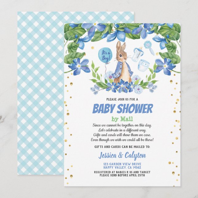 Boy baby shower by mail Bunny Rabbit blue Invitation (Front/Back)