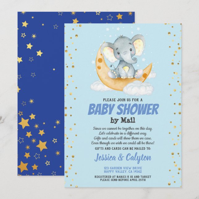 Boy baby shower by mail elephant moon and star invitation (Front/Back)