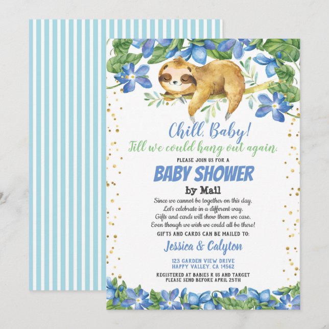 Boy baby shower by mail sloth blue flower invitation (Front/Back)