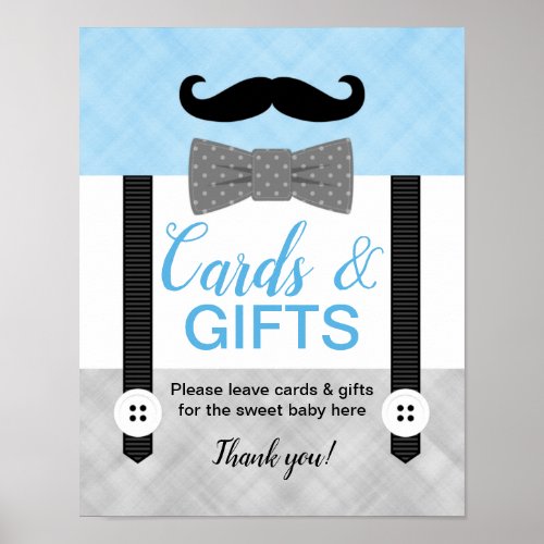 Boy baby shower cards and gifts sign blue gray