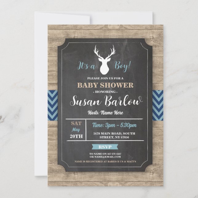 Boy Baby Shower Chalk Rustic Antler Stag Invite (Front)