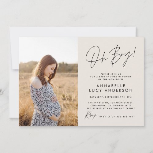 Boy baby shower cream neutral elegant  photo invitation