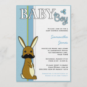 Boy Baby Shower Cute Bunny with Mustache - Blue Invitation
