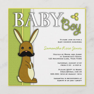 Boy Baby Shower Cute Bunny with Mustache - Green Invitation