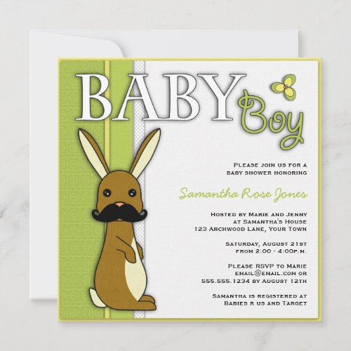 Boy Baby Shower Cute Bunny with Mustache - Green Personalized Invitation