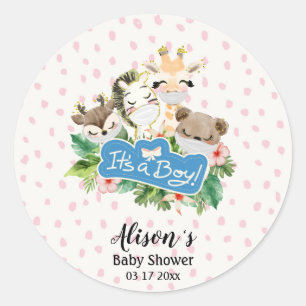 Boy Baby Shower Cute Gold Safari Animal Friends Classic Round Sticker