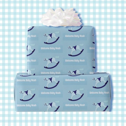 Boy Baby Shower Cute Rocking Horse Name Blue Wrapping Paper