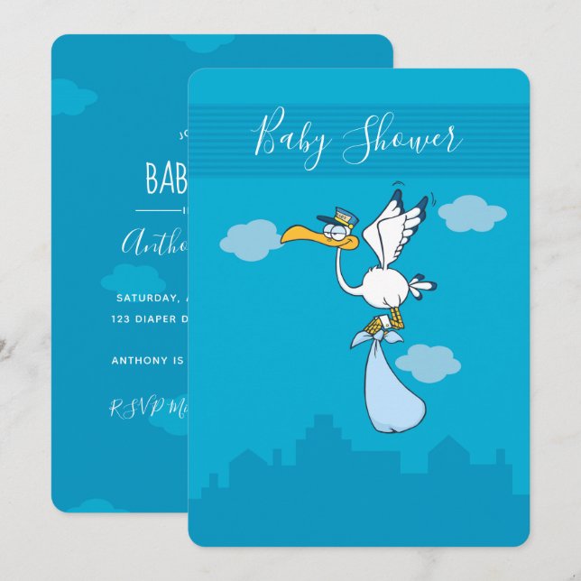 Boy Baby Shower cute Stork cartoon Invitation (Front/Back)