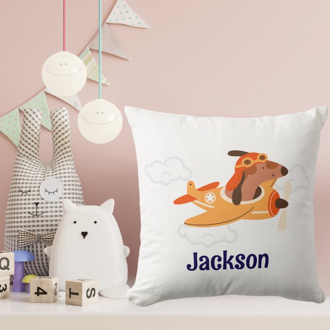 Boy  Baby Shower Dog Pilot Airplane Cloud Funny Throw Pillow (Creator Uploaded)