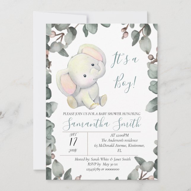 Boy Baby Shower Elephant Eucalyptus Leaves Invitation (Front)