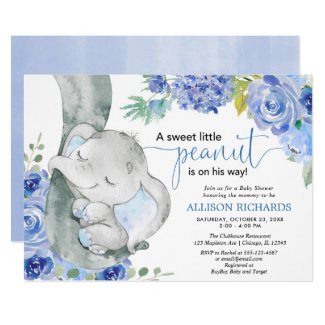 Boy baby shower, elephant floral blue watercolors invitation