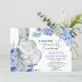 Boy baby shower, elephant floral blue watercolors invitation (Standing Front)