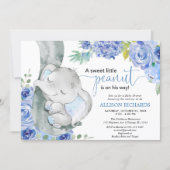 Boy baby shower, elephant floral blue watercolors invitation (Front)