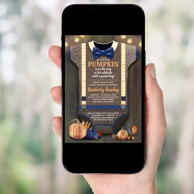 Boy Baby Shower Fall Pumpkin Rustic Burlap Wood Invitation (Front Digital)