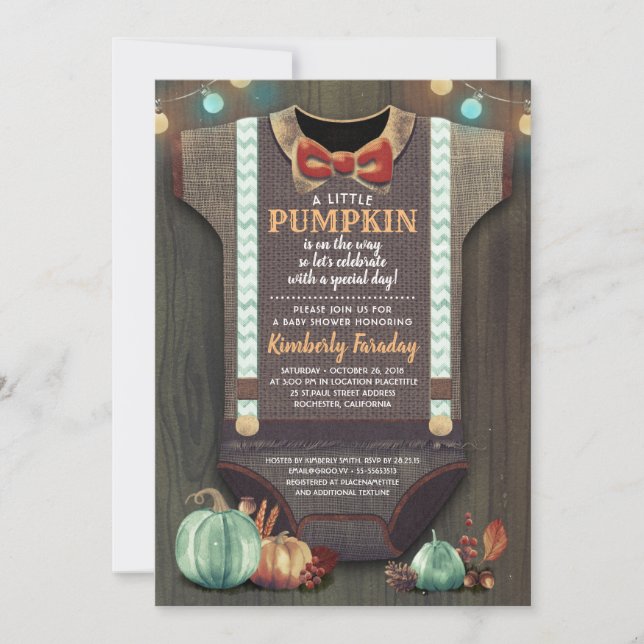 Boy Baby Shower Fall Pumpkin Rustic Burlap Wood Invitation (Front)
