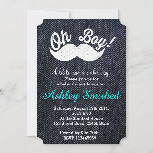 Boy Baby Shower Funny White Mustache Blue Denim Invitation