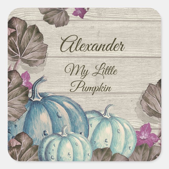 Boy Baby Shower Gray Wood Autumn Blue Pumpkin Square Sticker (Front)