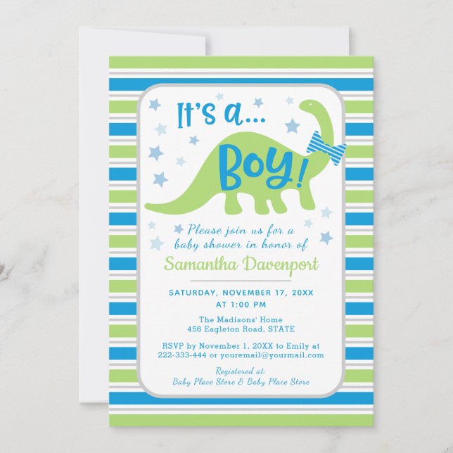 Boy Baby Shower Green Dinosaur Colorful Invitation (Front)
