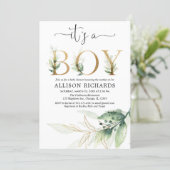 Boy baby shower greenery gold leaves modern invitation (Standing Front)