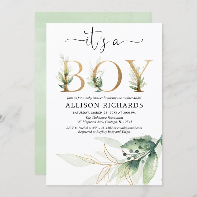 Boy baby shower greenery gold leaves modern invitation (Front/Back)