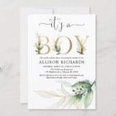 Boy baby shower greenery gold leaves modern invitation (Front)