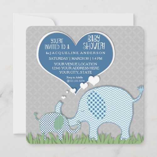 Boy Baby Shower Heart Elephants Retro Modern Invitation
