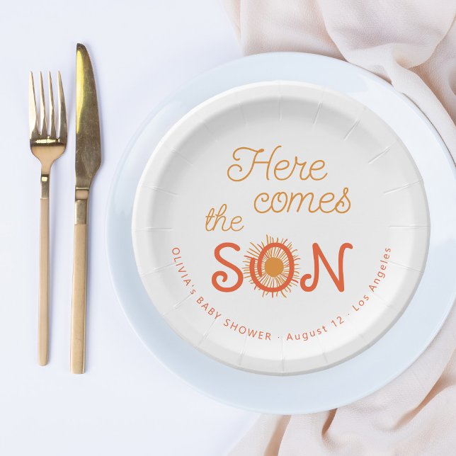 Boy baby shower here comes the son personalized paper plates (Creator Uploaded)