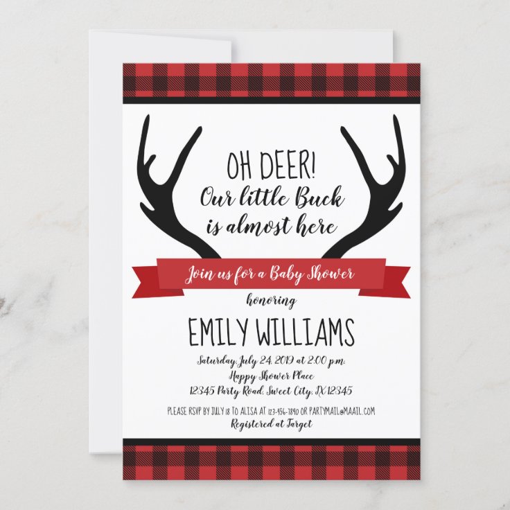 Boy baby shower invitation Buffalo Plaid Deer | Zazzle