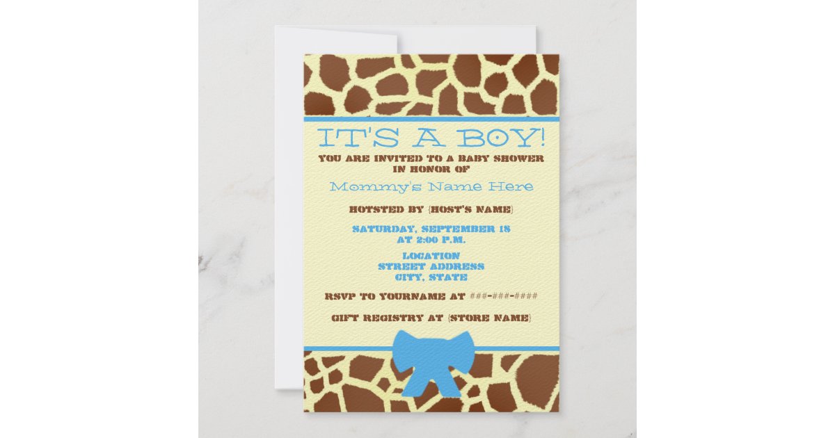 Boy Baby Shower Invitation Giraffe Print & Blue Zazzle