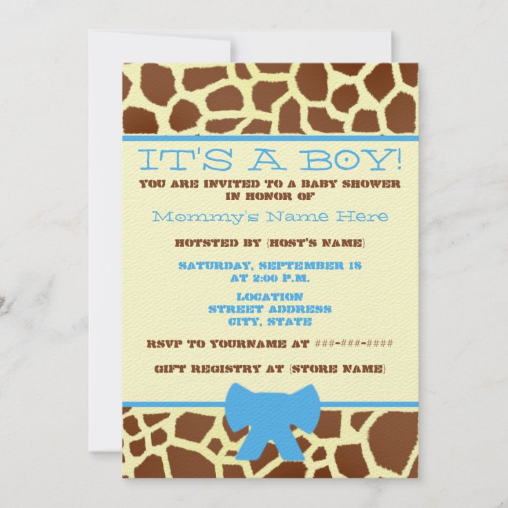 Boy Baby Shower Invitation Giraffe Print & Blue Zazzle
