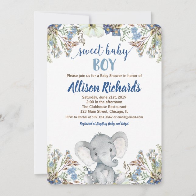 Boy baby shower invitation little elephant peanut (Front)