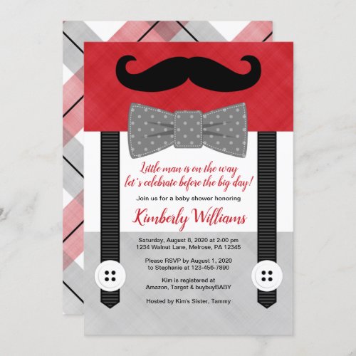 boy baby shower invitation little man red gray