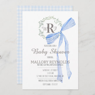 Boy Baby Shower Invitation Monogram & Gingham Bow