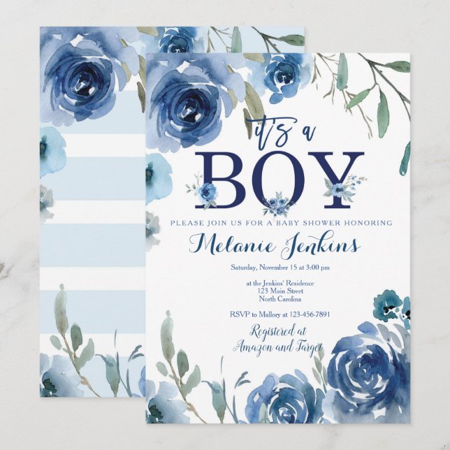 Boy Baby Shower Invitation With Watercolor Florals (Front/Back)