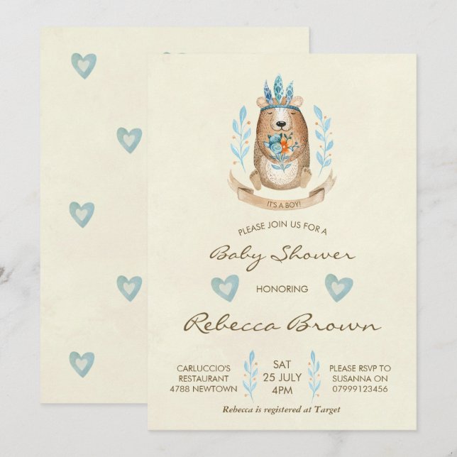 boy baby shower invitation woodland forest bear (Front/Back)