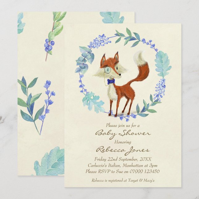 boy baby shower invitation woodland fox blue (Front/Back)