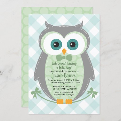 Boy baby shower invitation woodland owl green gray